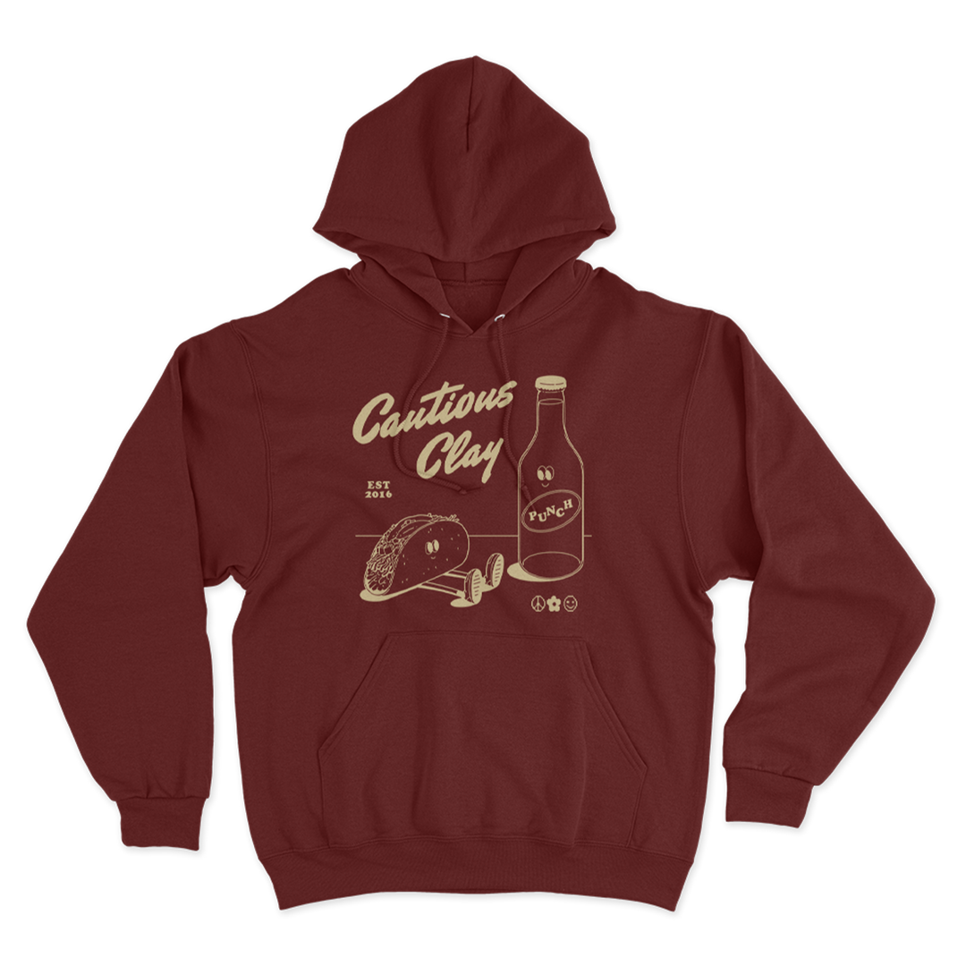 Maroon hoodie with Cautious Clay in cursive and a cartoon taco and bottle of punch printed on the front